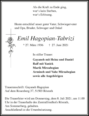 Anzeige von Emil Hagopian-Tabrizi von  Bergisches Handelsblatt 