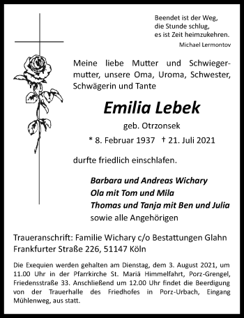 Anzeige von Emilia Lebek von  Kölner Wochenspiegel 