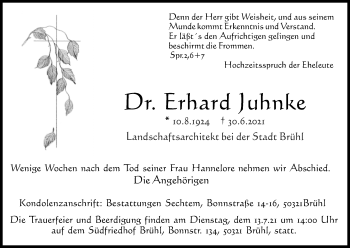 Anzeige von Erhard Juhnke von Kölner Stadt-Anzeiger / Kölnische Rundschau / Express