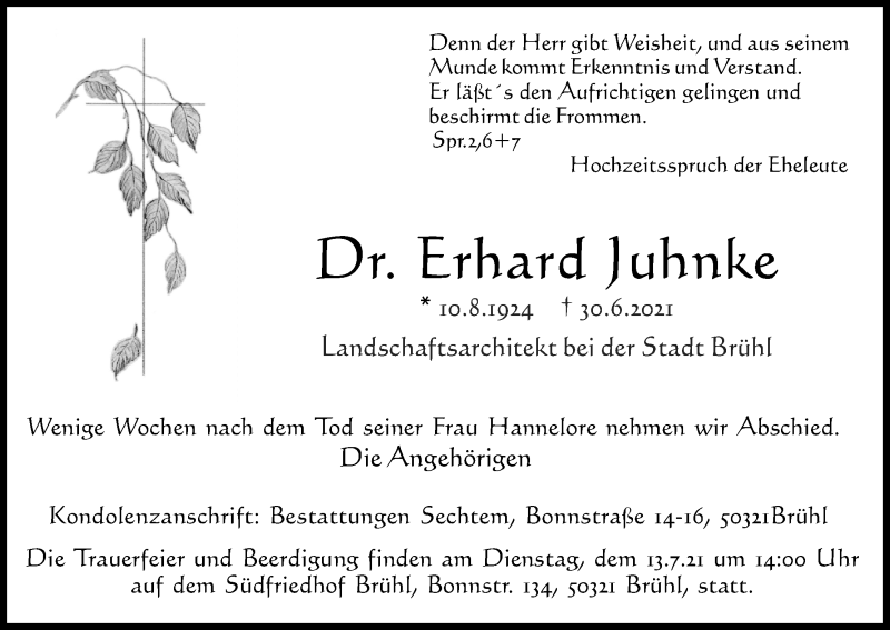  Traueranzeige für Erhard Juhnke vom 10.07.2021 aus Kölner Stadt-Anzeiger / Kölnische Rundschau / Express