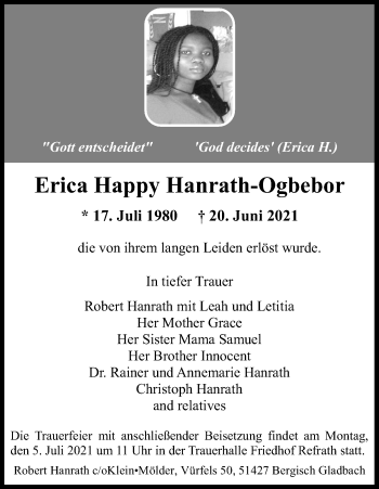Anzeige von Erica Happy Hanrath-Ogbebor von Kölner Stadt-Anzeiger / Kölnische Rundschau / Express