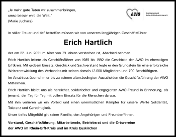 Anzeige von Erich Hartlich von Kölner Stadt-Anzeiger / Kölnische Rundschau / Express