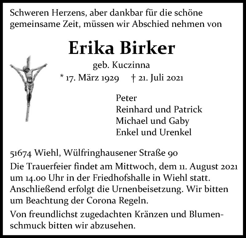 Traueranzeige für Erika Birker vom 31.07.2021 aus Kölner Stadt-Anzeiger / Kölnische Rundschau / Express