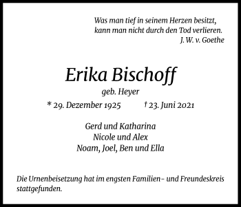 Anzeige von Erika Bischoff von Kölner Stadt-Anzeiger / Kölnische Rundschau / Express