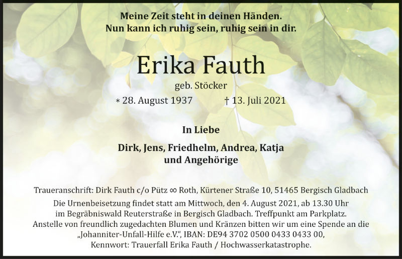  Traueranzeige für Erika Fauth vom 23.07.2021 aus  Bergisches Handelsblatt 