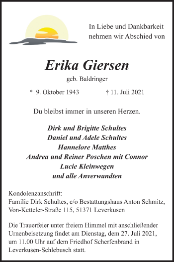 Anzeige von Erika Giersen von Kölner Stadt-Anzeiger / Kölnische Rundschau / Express