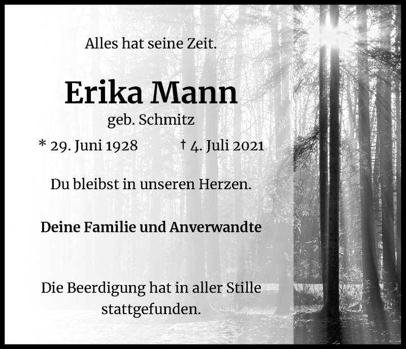  Traueranzeige für Erika Mann vom 24.07.2021 aus Kölner Stadt-Anzeiger / Kölnische Rundschau / Express
