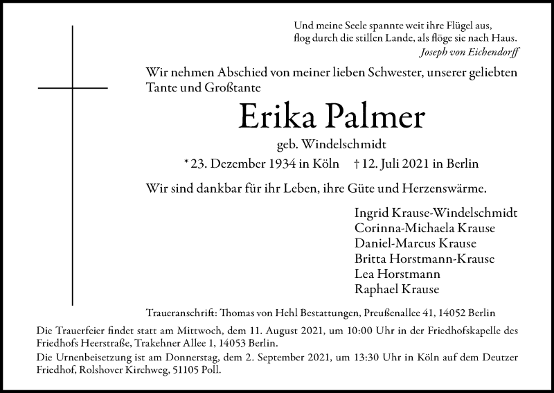  Traueranzeige für Erika Palmer vom 31.07.2021 aus Kölner Stadt-Anzeiger / Kölnische Rundschau / Express