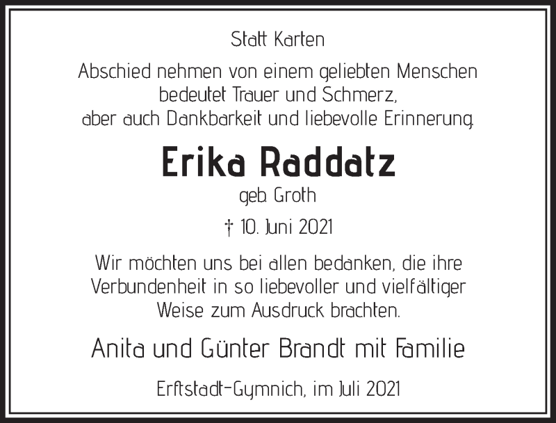  Traueranzeige für Erika Rddddtz vom 23.07.2021 aus  Werbepost 