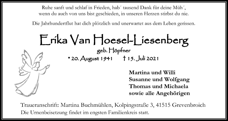 Traueranzeige für Erika Van Hoesel-Liesenberg vom 24.07.2021 aus Kölner Stadt-Anzeiger / Kölnische Rundschau / Express