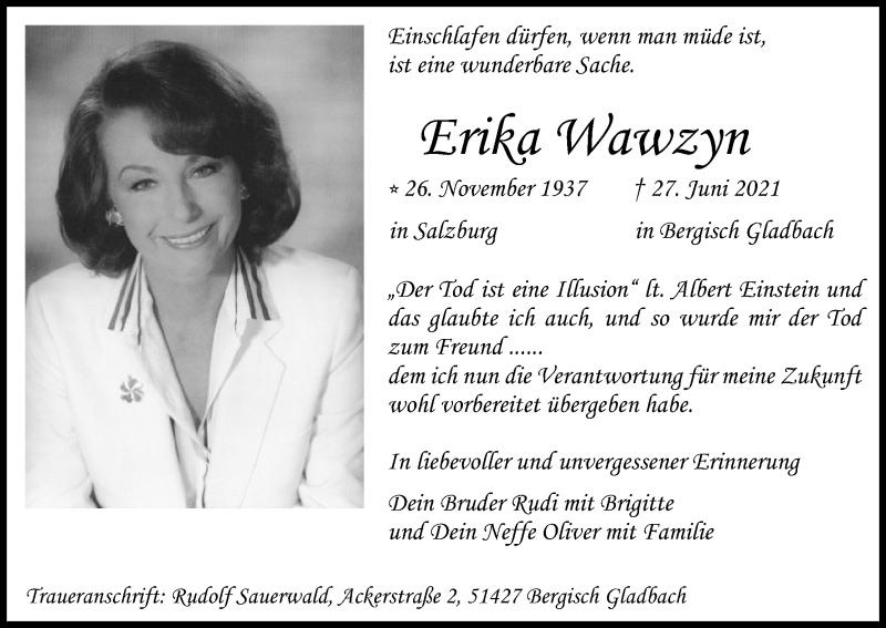  Traueranzeige für Erika Wawzyn vom 03.07.2021 aus Kölner Stadt-Anzeiger / Kölnische Rundschau / Express