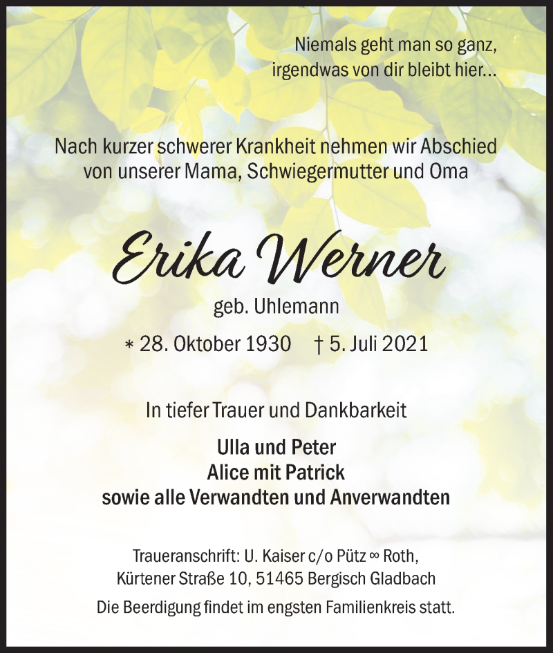  Traueranzeige für Erika Werner vom 10.07.2021 aus Kölner Stadt-Anzeiger / Kölnische Rundschau / Express