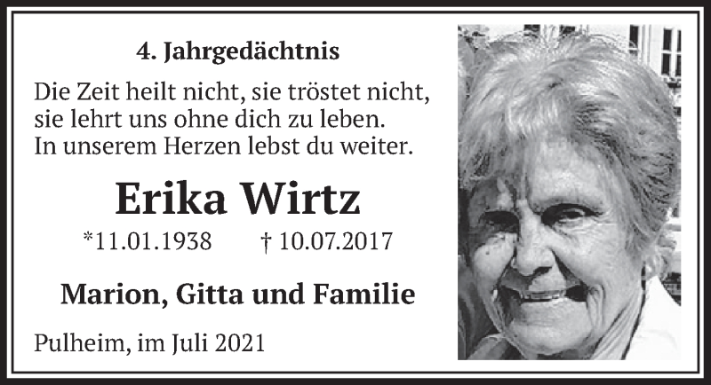  Traueranzeige für Erika Wirtz vom 09.07.2021 aus  Wochenende 