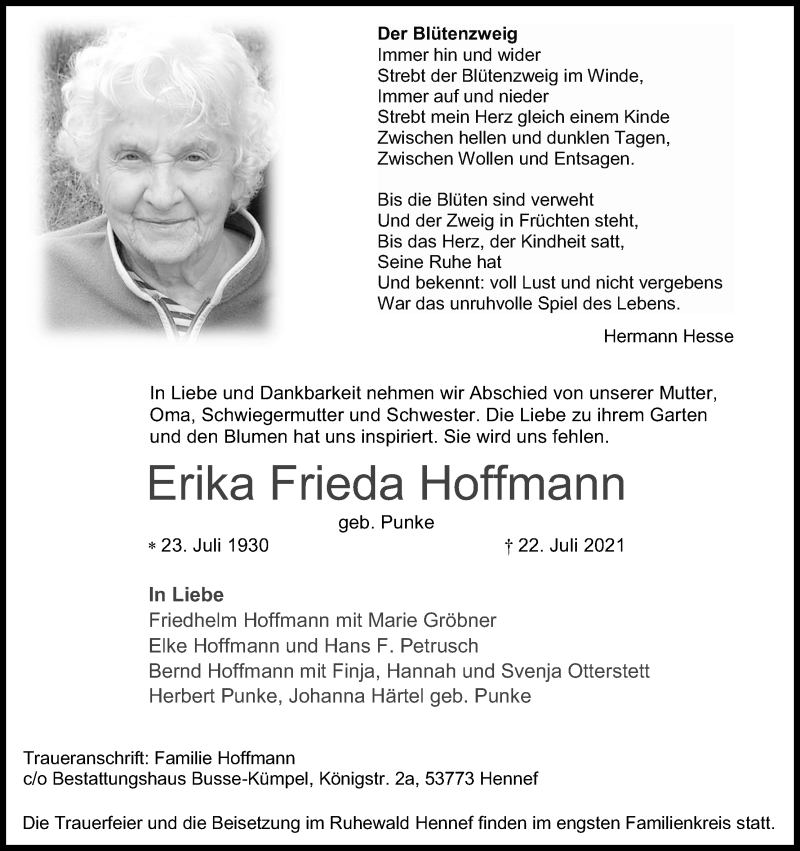  Traueranzeige für Erika Frieda Hoffmann vom 31.07.2021 aus Kölner Stadt-Anzeiger / Kölnische Rundschau / Express