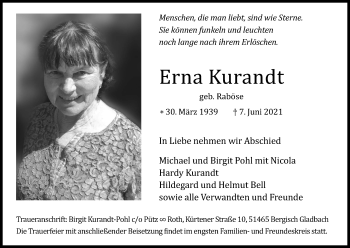 Anzeige von Erna Kurandt von Kölner Stadt-Anzeiger / Kölnische Rundschau / Express