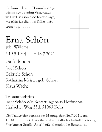 Anzeige von Erna Schön von Kölner Stadt-Anzeiger / Kölnische Rundschau / Express