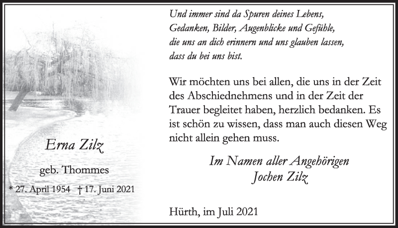  Traueranzeige für Erna Zilz vom 23.07.2021 aus  Werbepost 