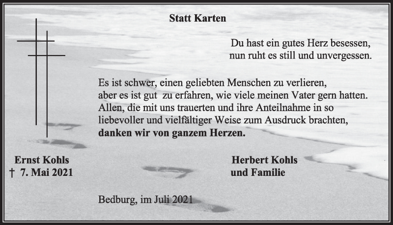 Traueranzeige für Ernst Kohls vom 23.07.2021 aus  Werbepost 