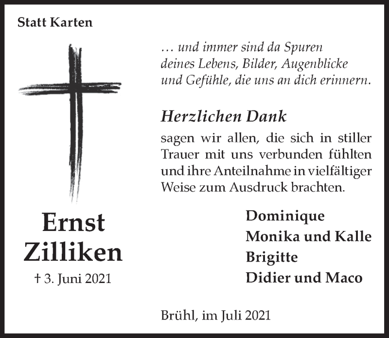  Traueranzeige für Ernst Zilliken vom 16.07.2021 aus  Schlossbote/Werbekurier 