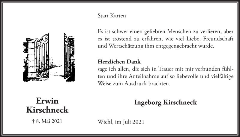  Traueranzeige für Erwin Kirschneck vom 02.07.2021 aus  Anzeigen Echo 