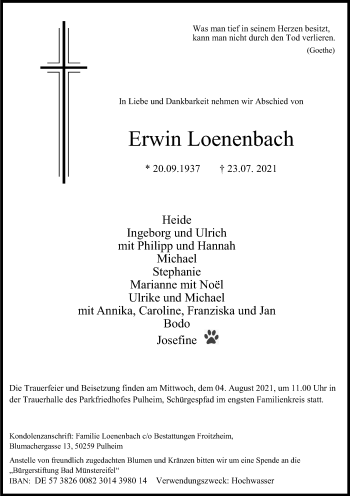Anzeige von Erwin Loenenbach von Kölner Stadt-Anzeiger / Kölnische Rundschau / Express