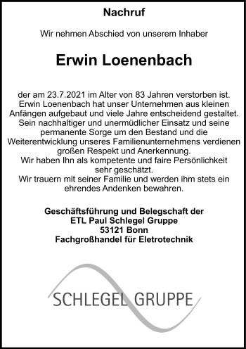 Anzeige von Erwin Loenenbach von Kölner Stadt-Anzeiger / Kölnische Rundschau / Express