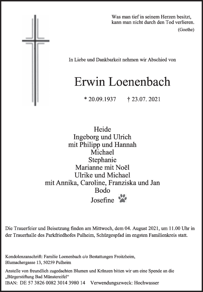  Traueranzeige für Erwin Loenenbach vom 30.07.2021 aus  Wochenende 