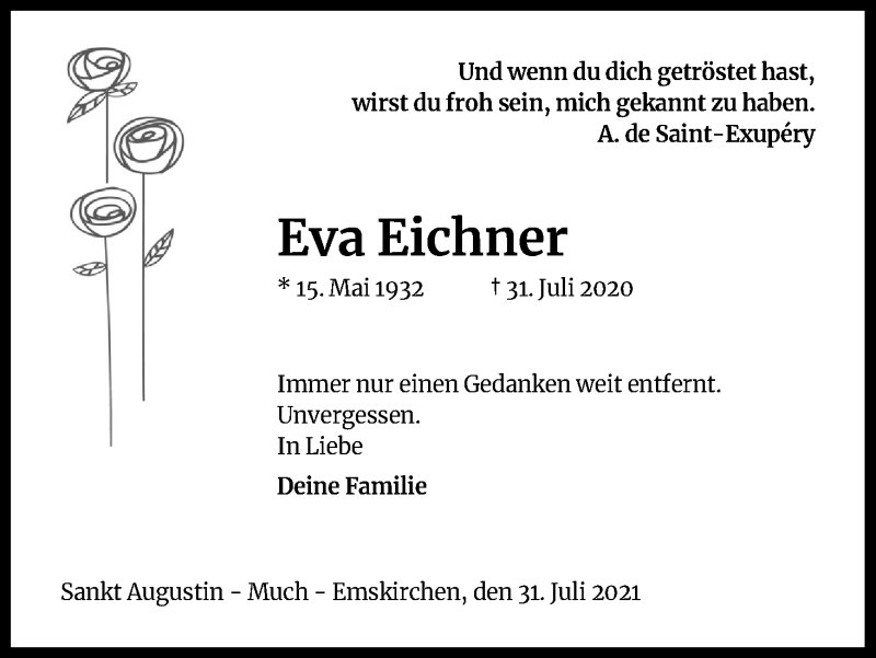  Traueranzeige für Eva Eichner vom 31.07.2021 aus Kölner Stadt-Anzeiger / Kölnische Rundschau / Express