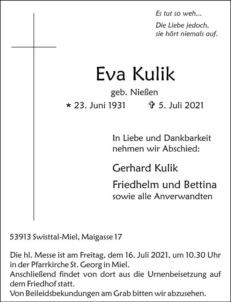 Traueranzeige für Eva Kulik vom 09.07.2021 aus  Schaufenster/Blickpunkt 