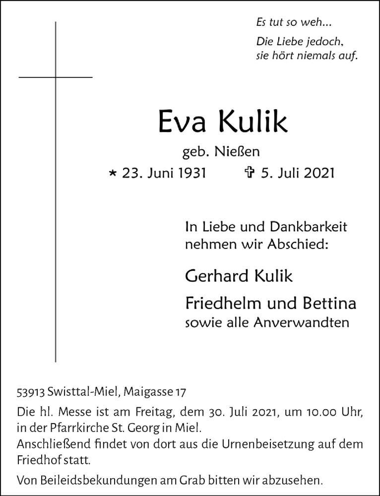  Traueranzeige für Eva Kulik vom 30.07.2021 aus  Schaufenster/Blickpunkt 