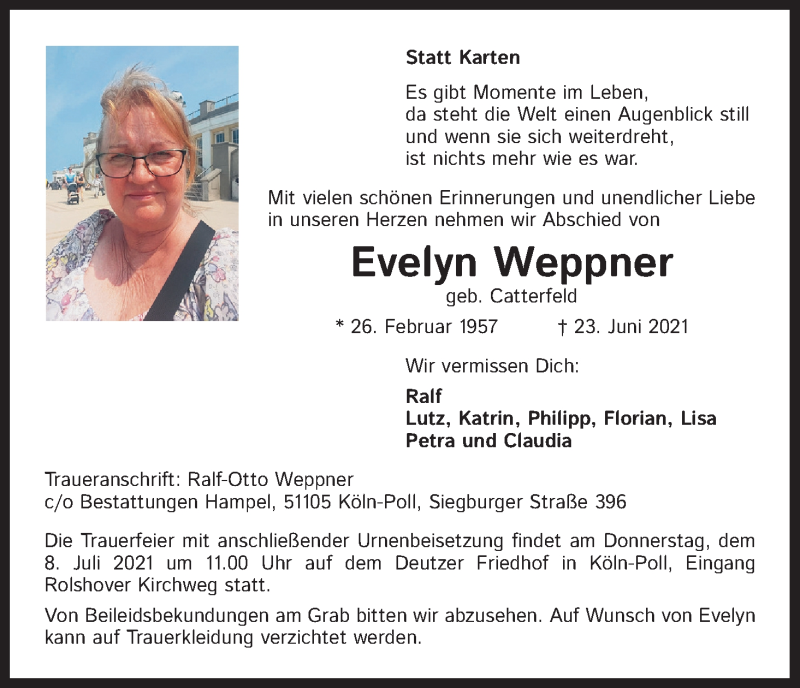  Traueranzeige für Evelyn Weppner vom 03.07.2021 aus Kölner Stadt-Anzeiger / Kölnische Rundschau / Express