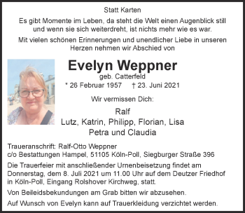 Anzeige von Evelyn Weppner von  Kölner Wochenspiegel 