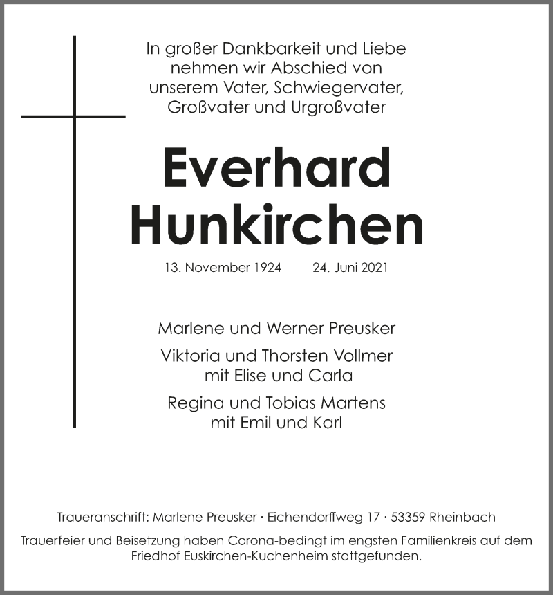  Traueranzeige für Everhard Hunkirchen vom 10.07.2021 aus  Blickpunkt Euskirchen 