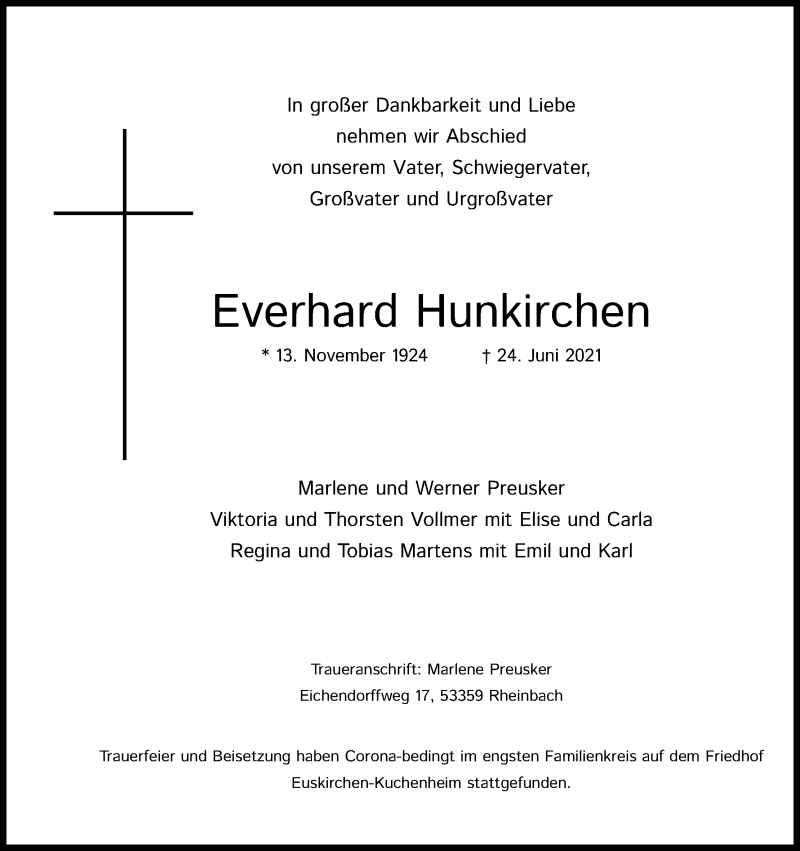  Traueranzeige für Everhard Hunkirchen vom 10.07.2021 aus Kölner Stadt-Anzeiger / Kölnische Rundschau / Express