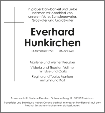 Anzeige von Everhard Hunkirchen von  Blickpunkt Euskirchen 