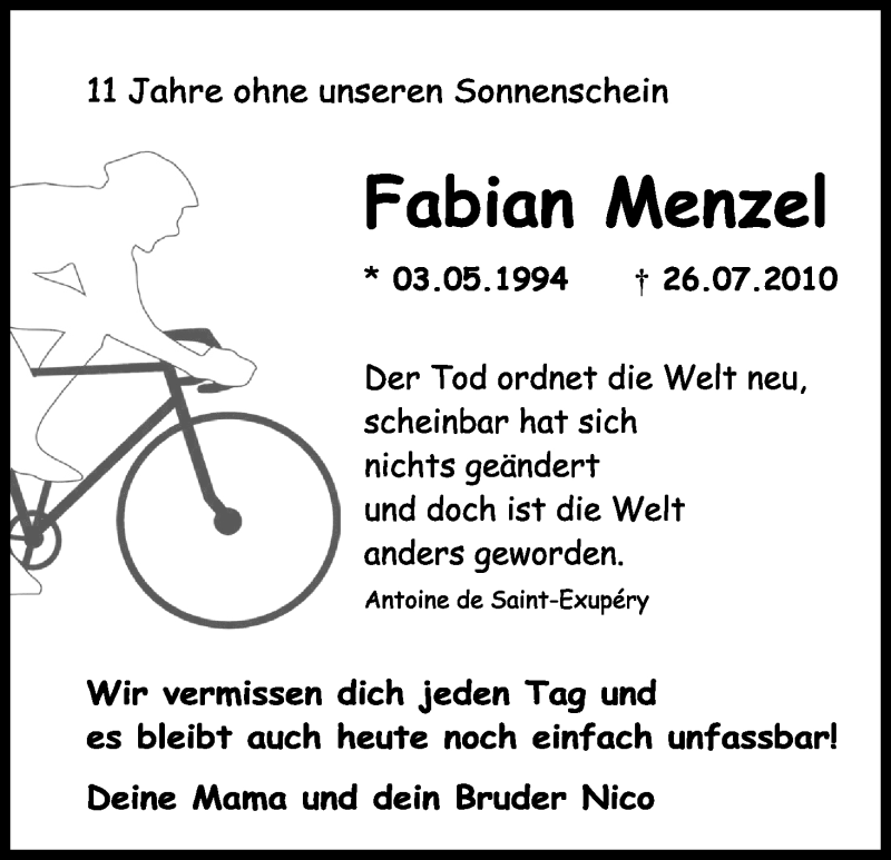  Traueranzeige für Fabian Menzel vom 26.07.2021 aus Kölner Stadt-Anzeiger / Kölnische Rundschau / Express