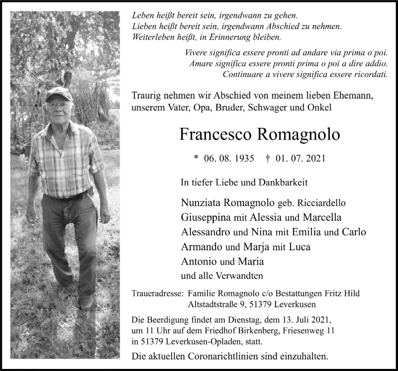  Traueranzeige für Francesco Romagnolo vom 09.07.2021 aus  Lokale Informationen 