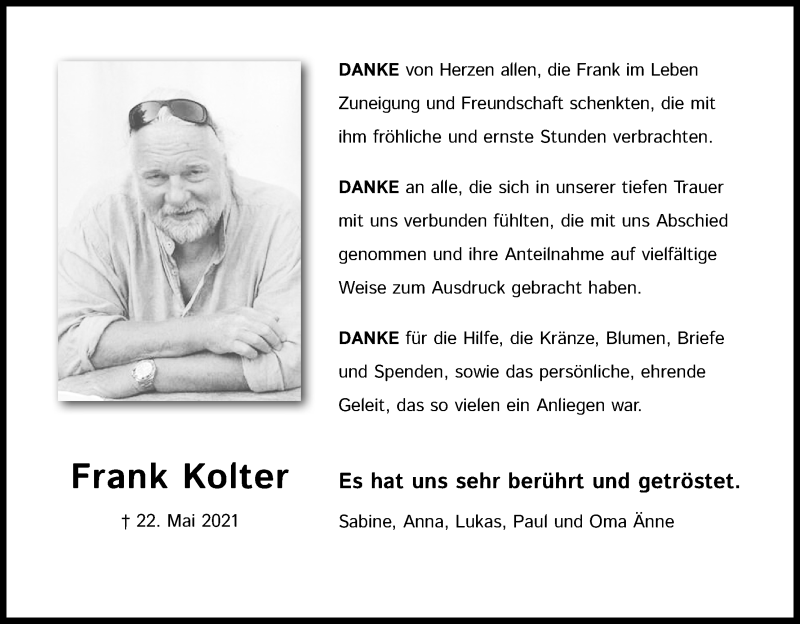  Traueranzeige für Frank Kolter vom 03.07.2021 aus Kölner Stadt-Anzeiger / Kölnische Rundschau / Express