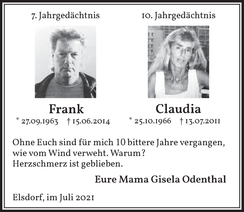  Traueranzeige für Frank Odenthal vom 09.07.2021 aus  Werbepost 