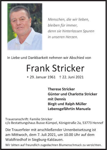 Anzeige von Frank Stricker von Kölner Stadt-Anzeiger / Kölnische Rundschau / Express