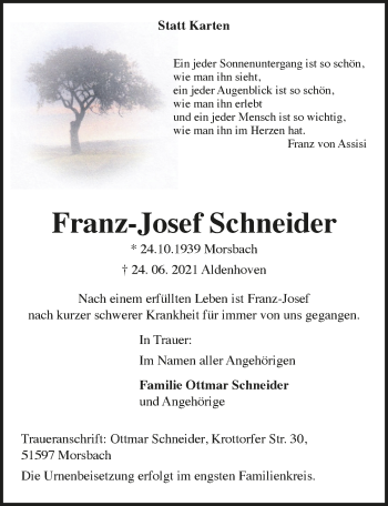 Anzeige von Franz-Josef Schneider von  Lokalanzeiger 