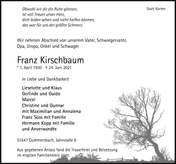Anzeige von Franz Kirschbaum von  Anzeigen Echo 
