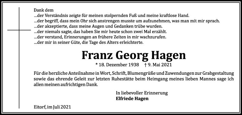  Traueranzeige für Franz Georg Hagen vom 03.07.2021 aus Kölner Stadt-Anzeiger / Kölnische Rundschau / Express