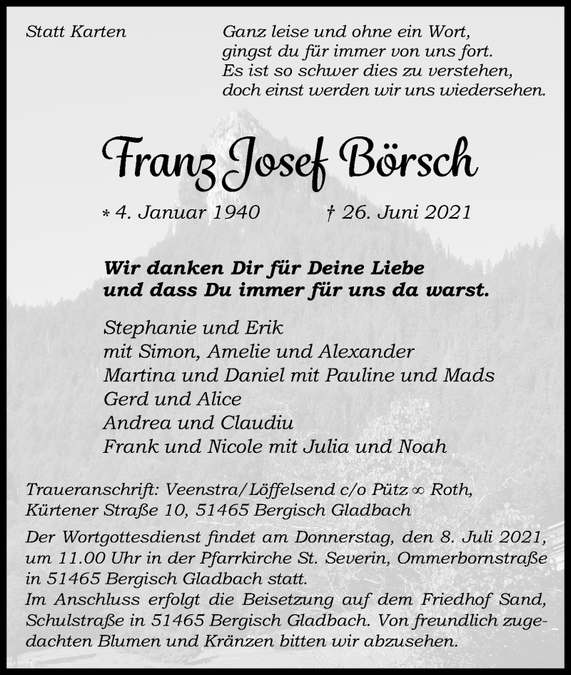  Traueranzeige für Franz Josef Börsch vom 03.07.2021 aus Kölner Stadt-Anzeiger / Kölnische Rundschau / Express