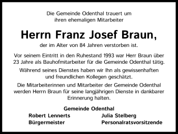Anzeige von Franz Josef Braun von Kölner Stadt-Anzeiger / Kölnische Rundschau / Express