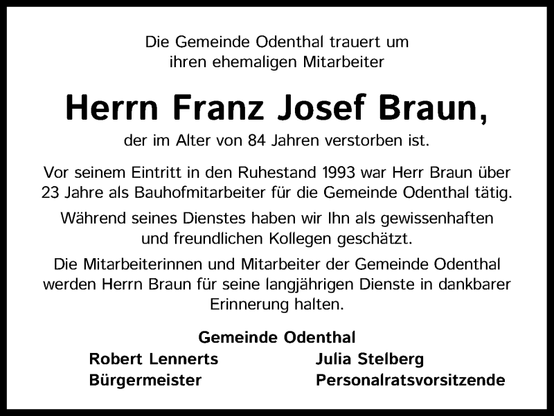  Traueranzeige für Franz Josef Braun vom 14.07.2021 aus Kölner Stadt-Anzeiger / Kölnische Rundschau / Express