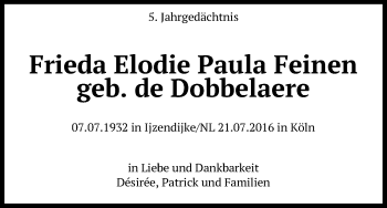 Anzeige von Frieda Elodie Paula Feinen von Kölner Stadt-Anzeiger / Kölnische Rundschau / Express
