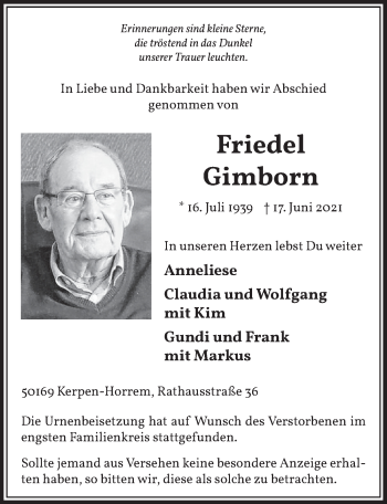 Anzeige von Friedel Gimborn von  Wochenende 