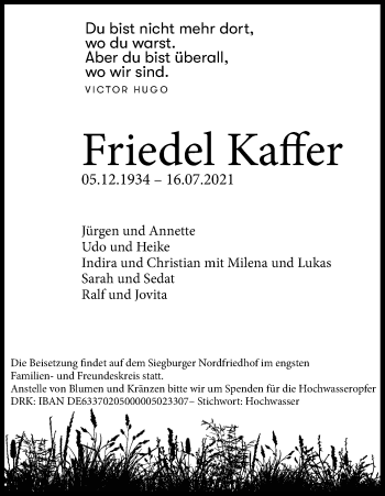 Anzeige von Friedel Kaffer von Kölner Stadt-Anzeiger / Kölnische Rundschau / Express