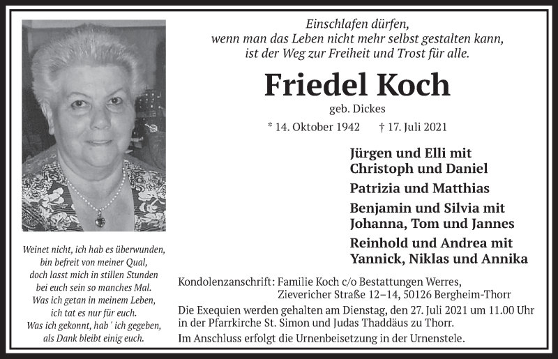  Traueranzeige für Friedel Koch vom 23.07.2021 aus  Werbepost 